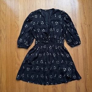 Maje Black Mini Dress with V-Neck 3/4 Bishop Sleeves